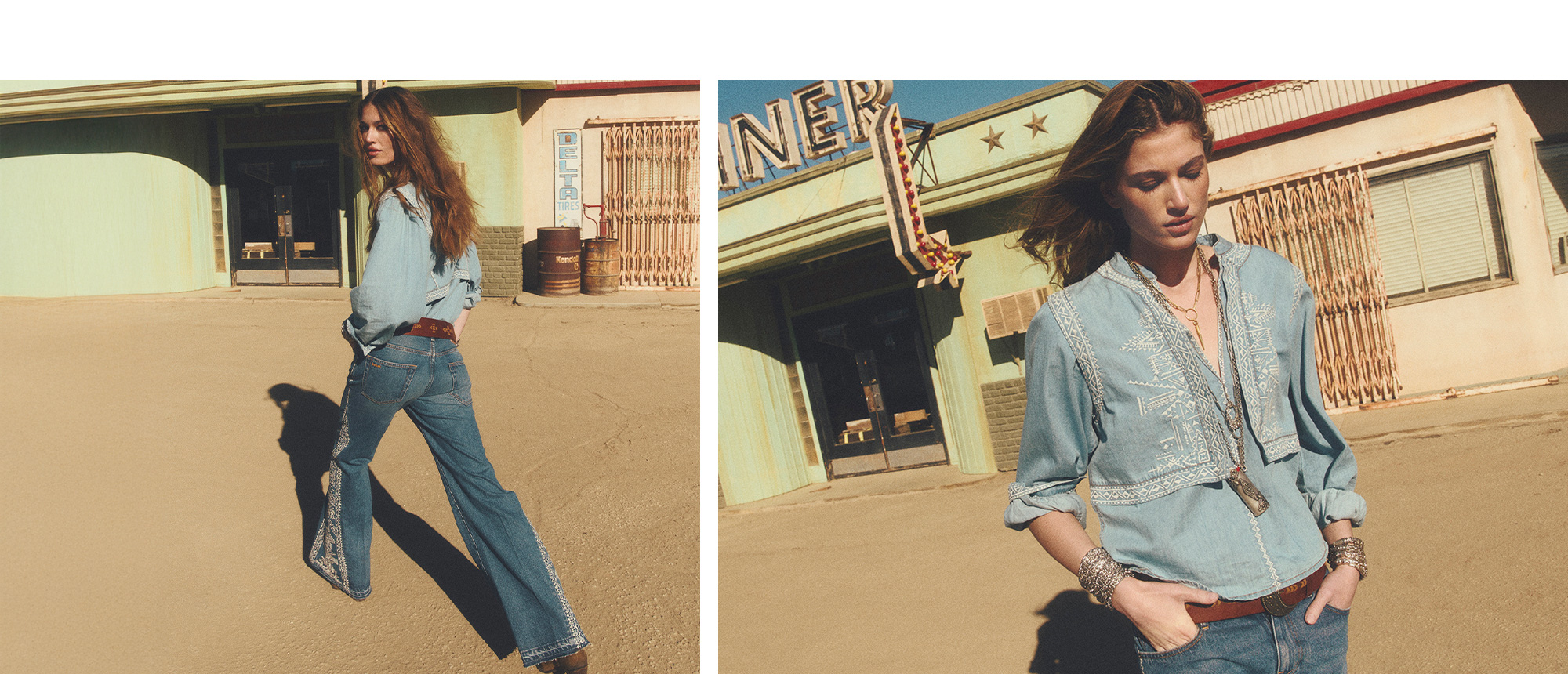 Woman wearing flare blue jeans and an blue blouse